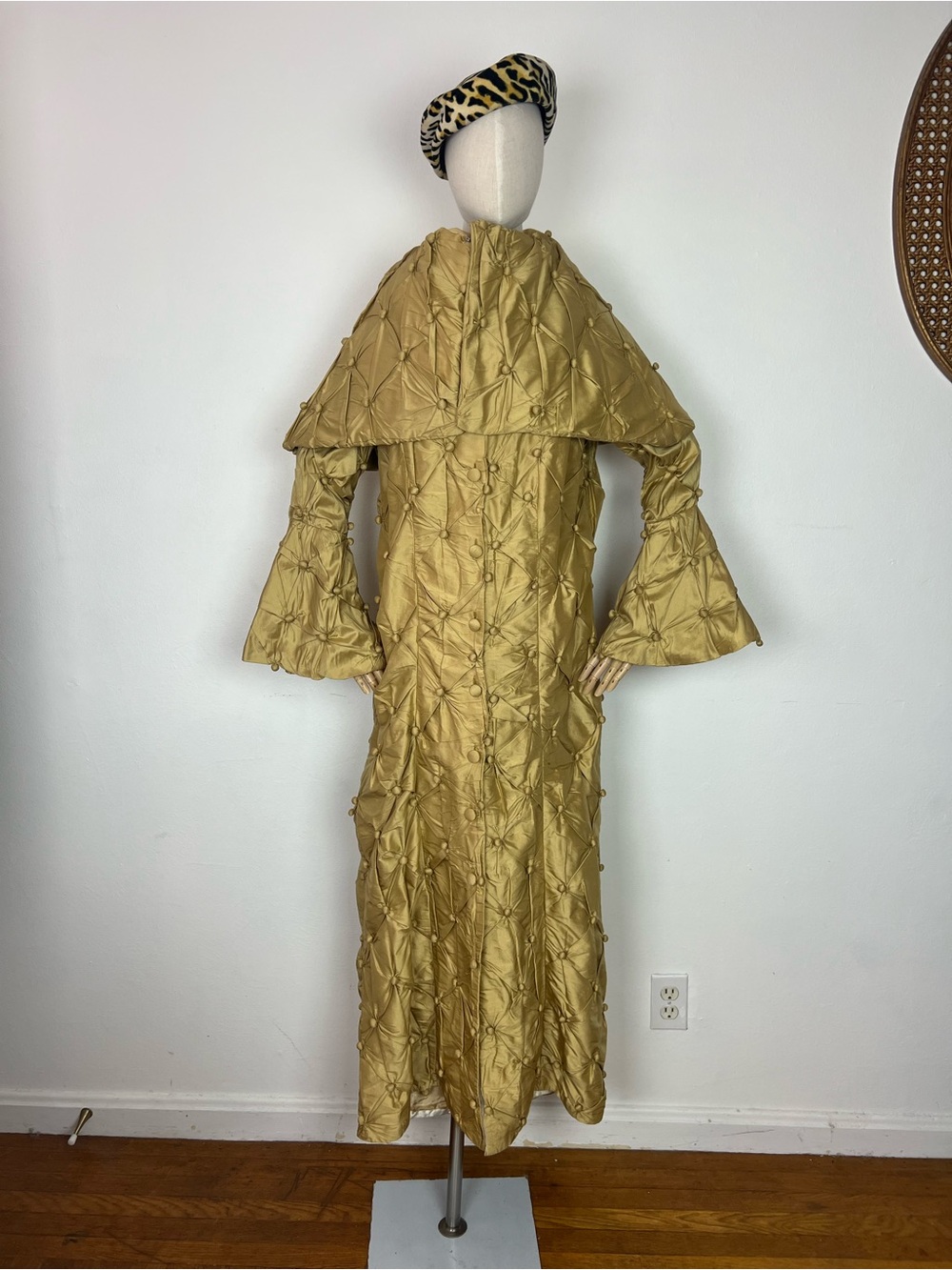 Gold Quilted Long Coat with Capelet